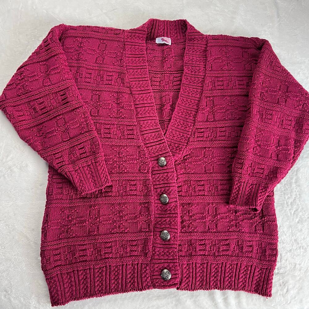 American Spirit Vintage Women's Knit cardigan Sweater Burgundy Red Cotton